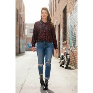 Vintage Red Flame Black Crop Top Sparkle Size S Rockabilly Punk Buttons Y2K USA